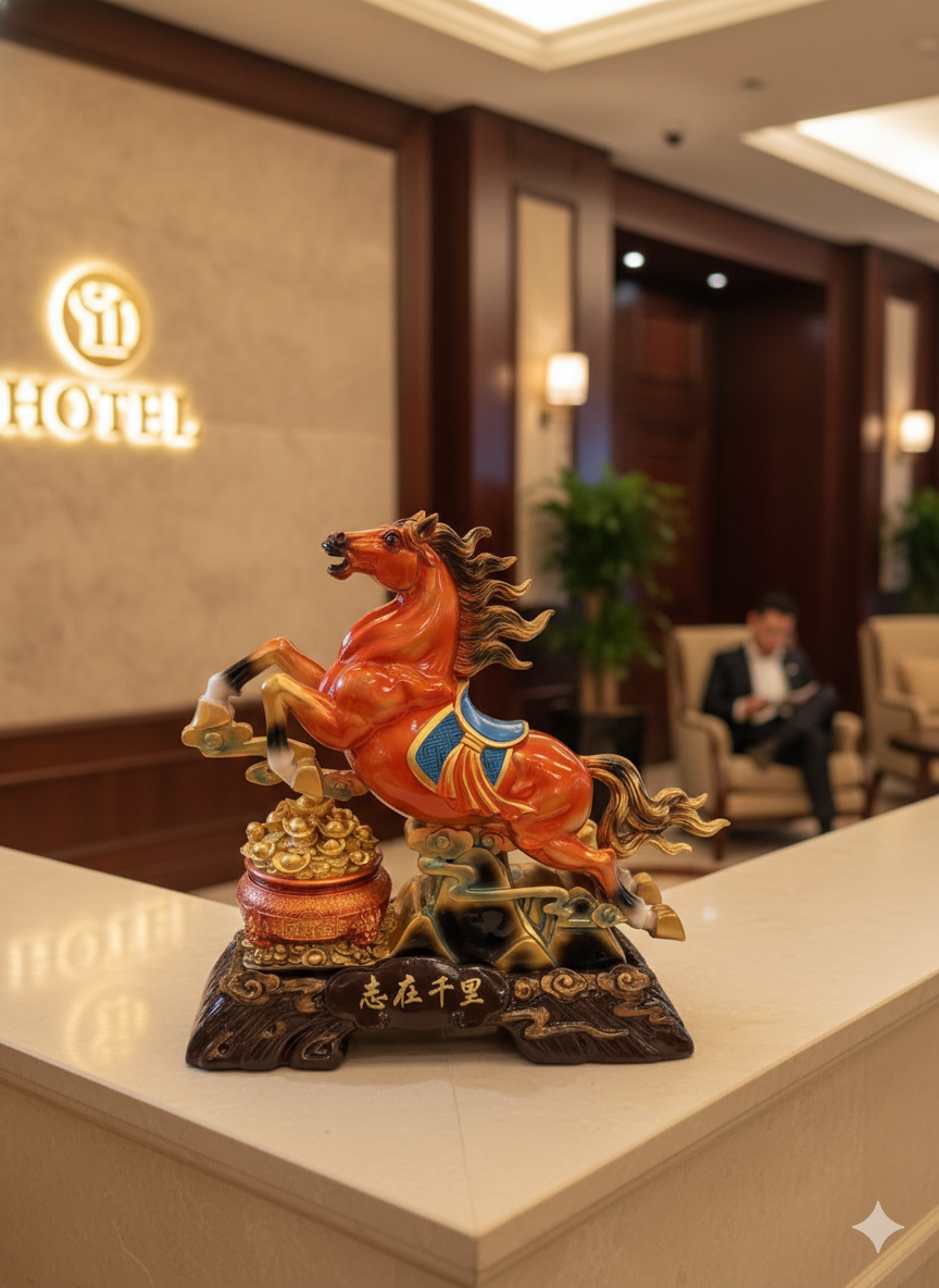 Rearing Horse Statue 7358-1 styled on hotel lobby reception counter in luxury interior