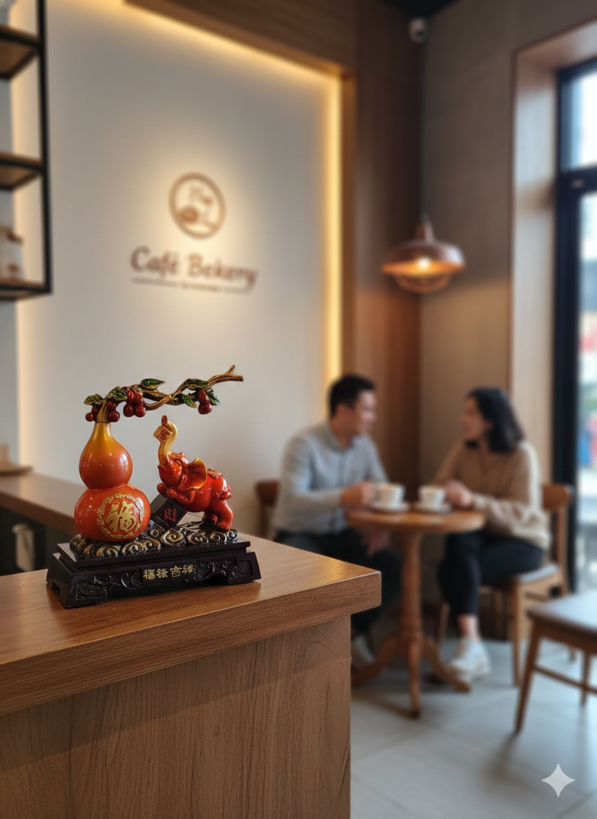 Decorative Gourd Elephant Figurine 7314 styled on counter in modern cafe bakery interior