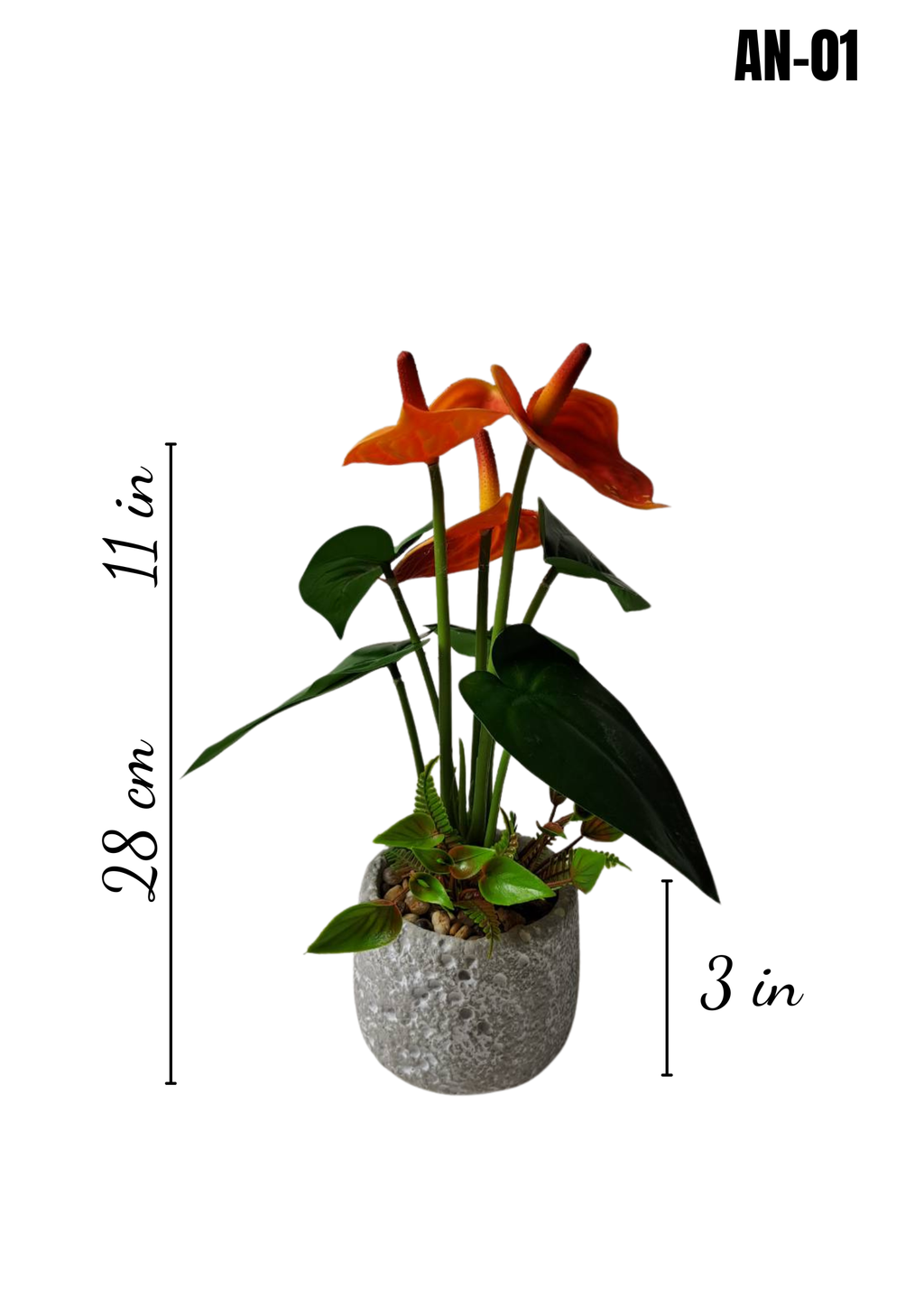 AN-01 faux orange anthurium plant 11in height 3in terrazzo stone pot dimensions