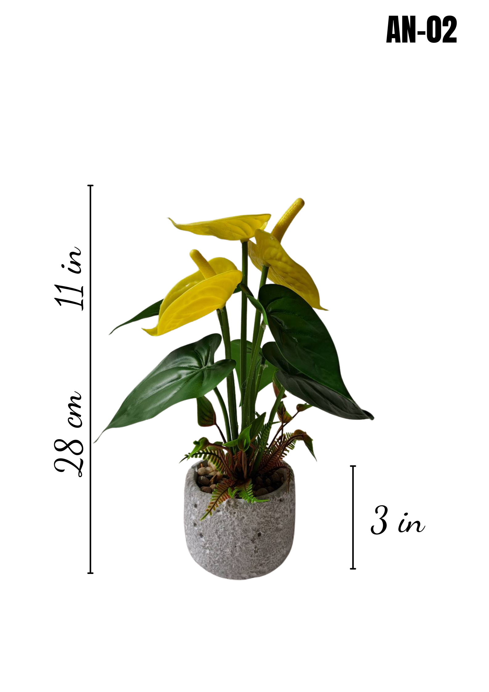 AN-02 faux yellow anthurium plant 11in height 3in terrazzo stone pot dimensions
