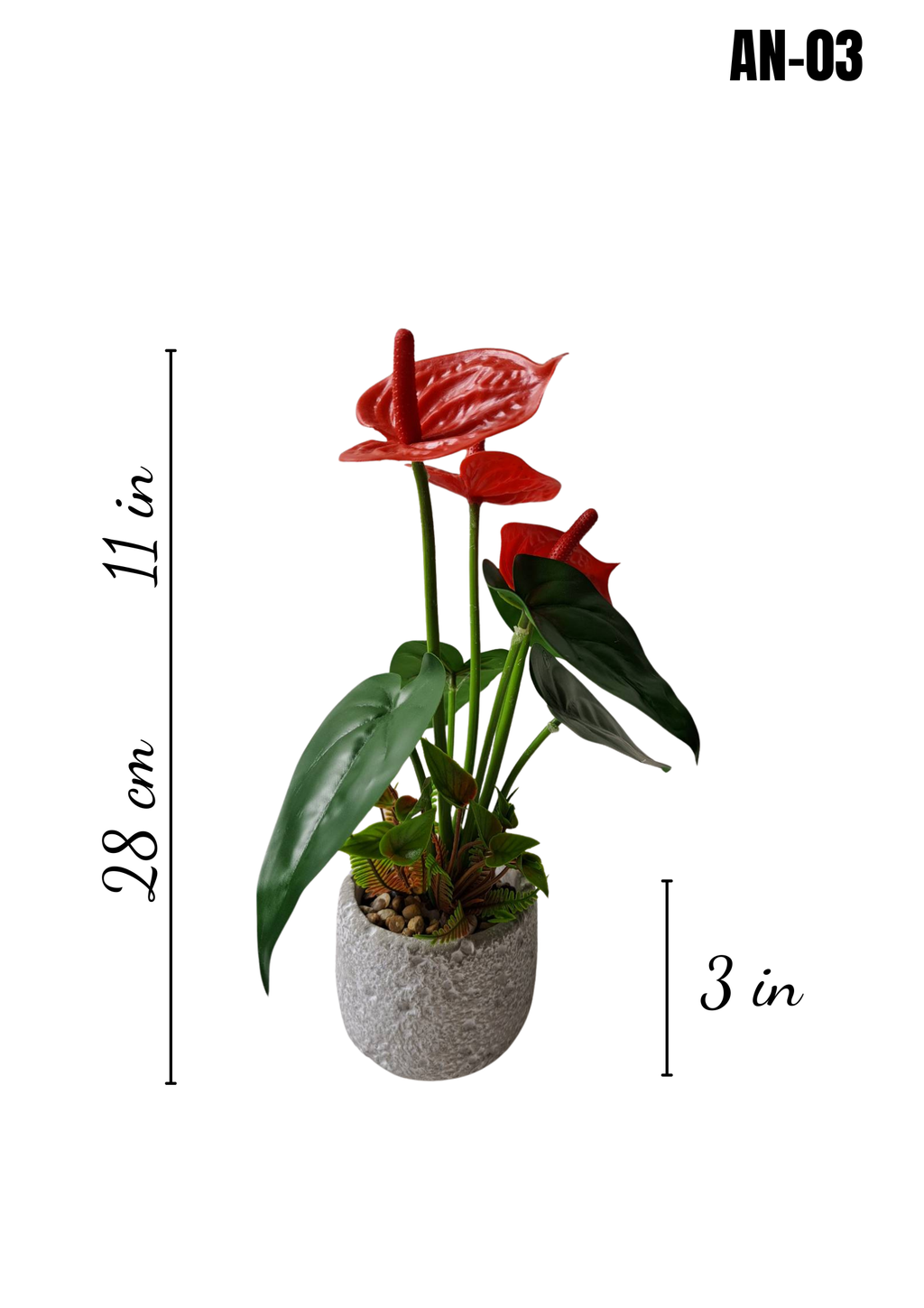AN-03 faux red anthurium plant 11in height 3in terrazzo stone pot dimensions