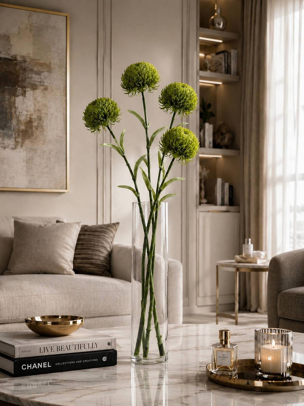 Faux green thistle stems in glass vase luxury living room decor