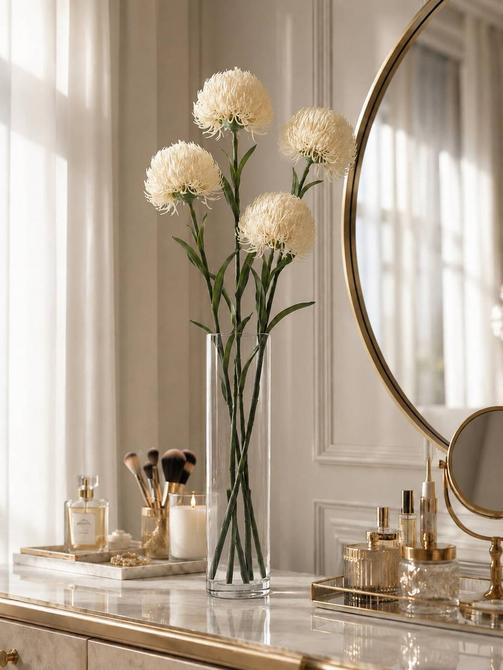 Faux White Thistle Pincushion Stem – Lifelike 24" Artificial Flower