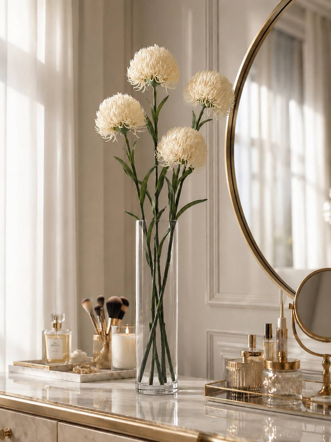 Faux White Thistle Pincushion Stem – Lifelike 24" Artificial Flower
