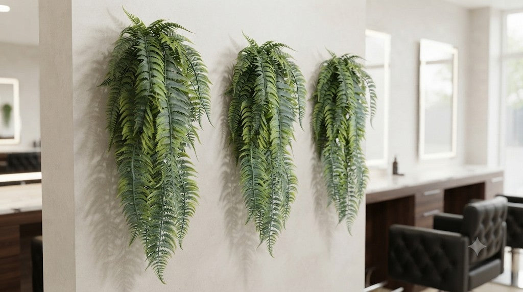 Three artificial hanging Boston ferns 40 inch displayed on a salon wall