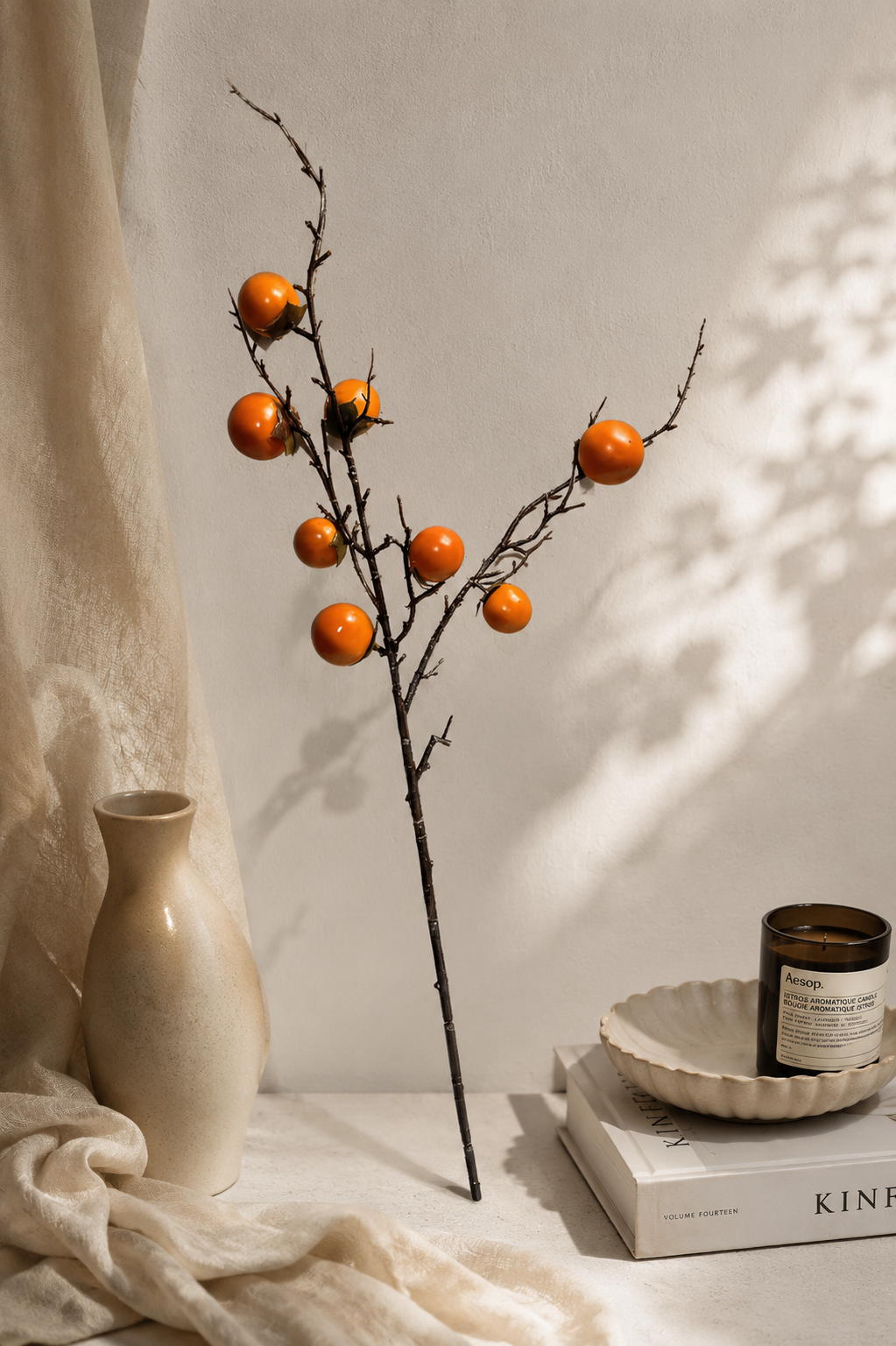 Faux Orange Berry Branch – 35" Bare-Twig Fall Stem PRM-02