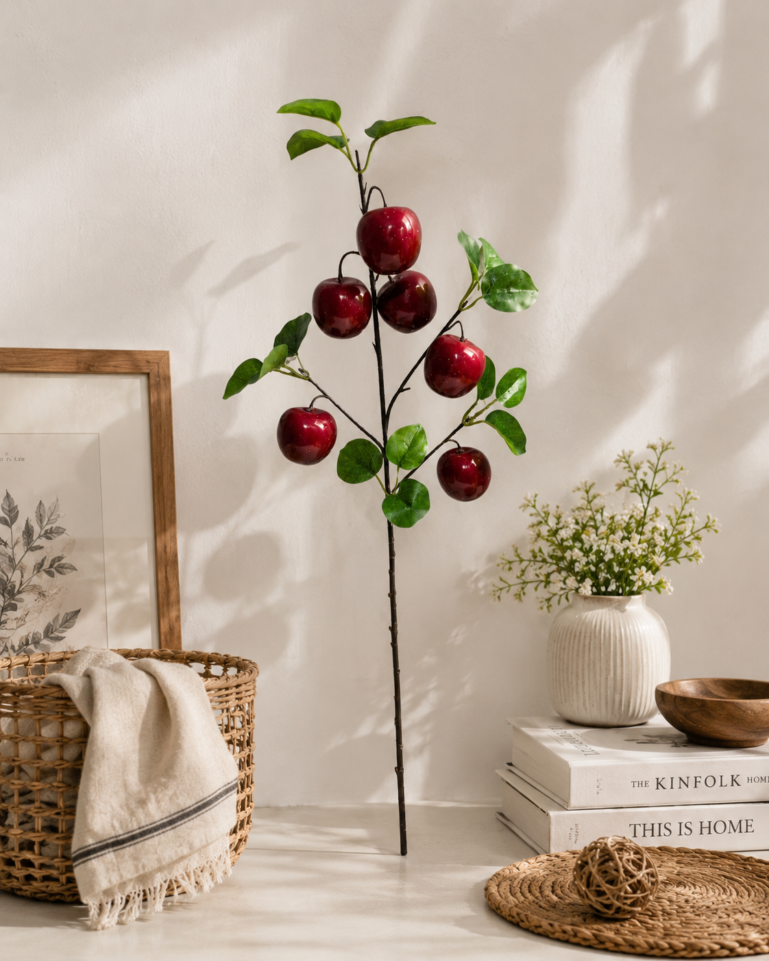 28" Artificial Deep Red Apple Branch - Faux Fruit Stem - lifestyle home decor display