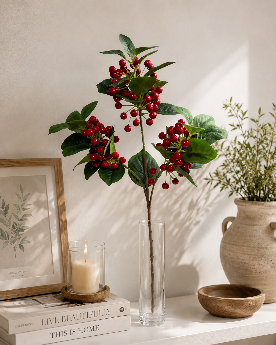 36" Red Berry Spray with Green Leaves - Faux Winter Stem - lifestyle home decor display