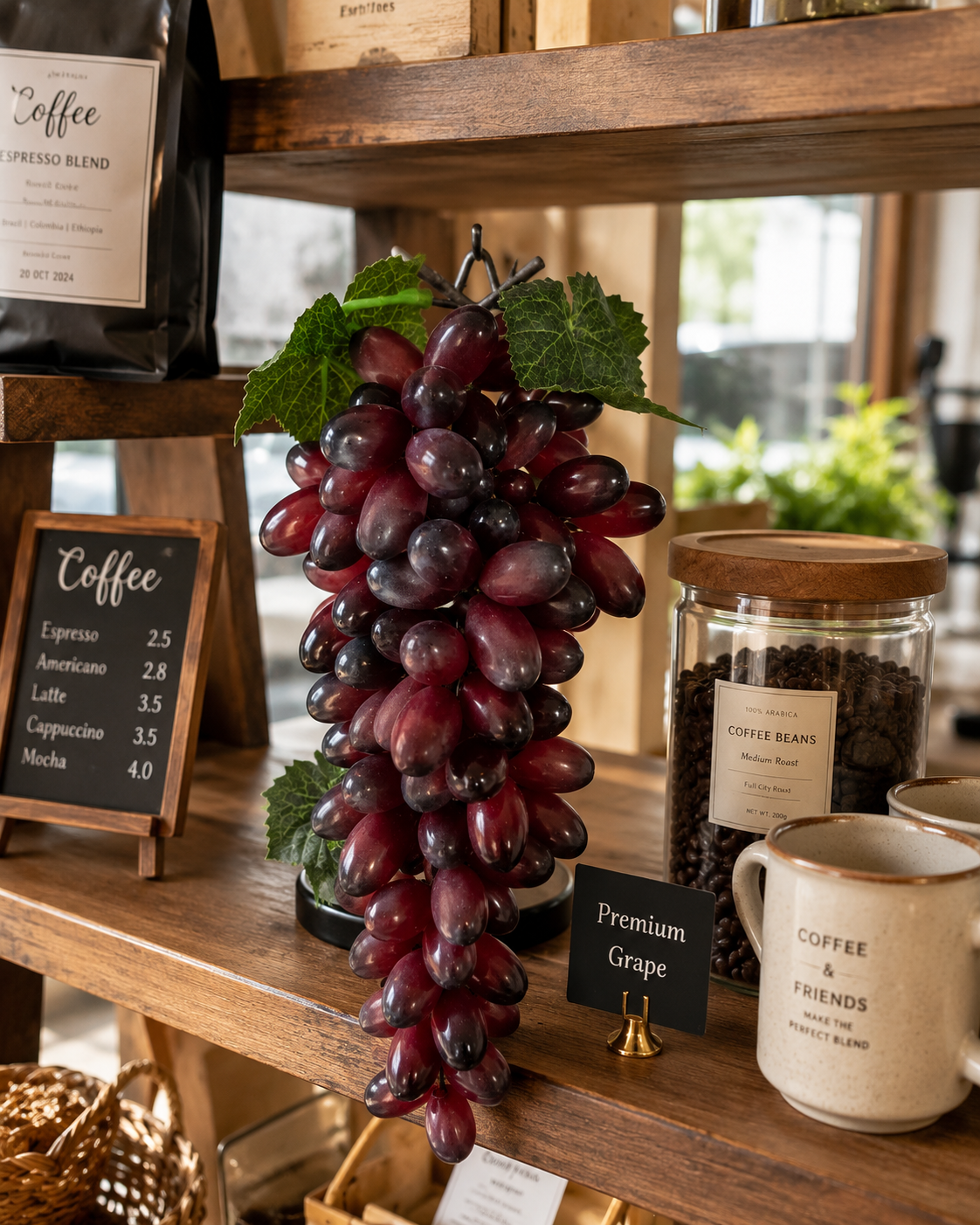 Faux Dark Purple Grape Cluster GRT-04 lifestyle - large artificial dark purple grape cluster displayed on rustic wooden coffee shop shelf beside coffee beans jar and espresso menu