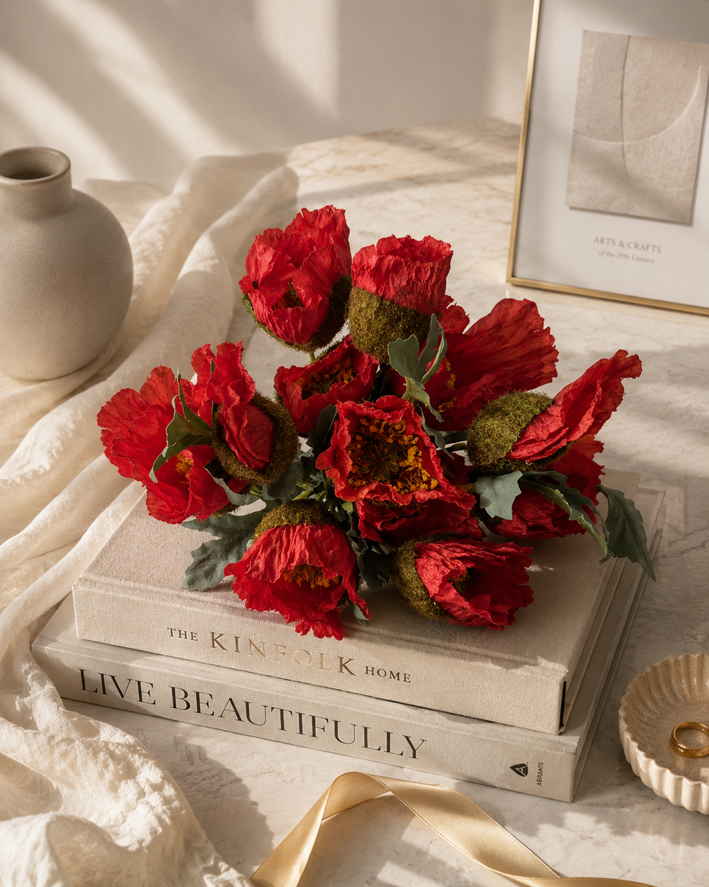 Faux Red Poppy Bouquet PP-04 - styled on books in elegant home decor setting