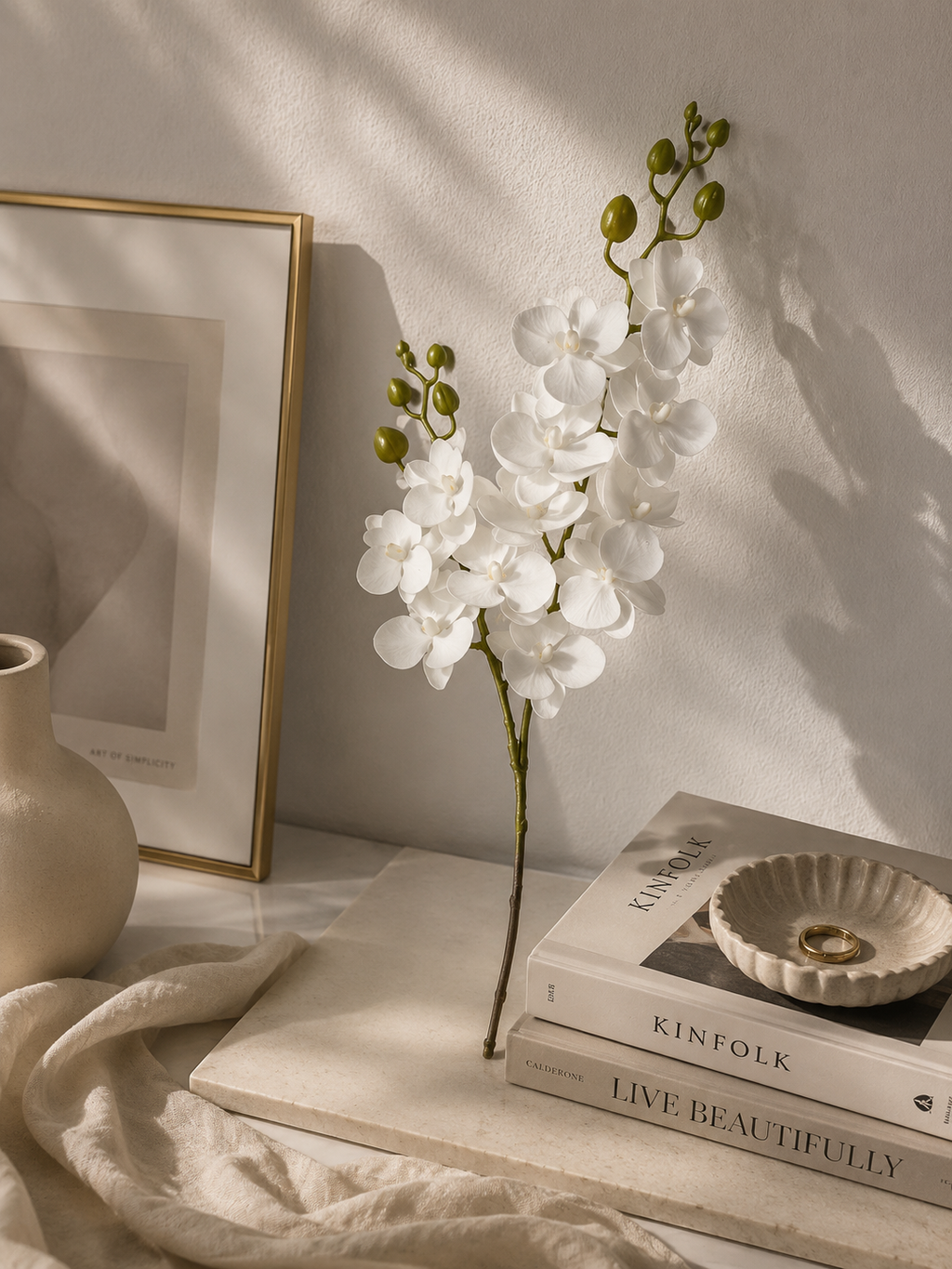 Faux White Phalaenopsis Orchid Stem OCT-01 - 25 inch artificial white orchid stem styled in home decor setting