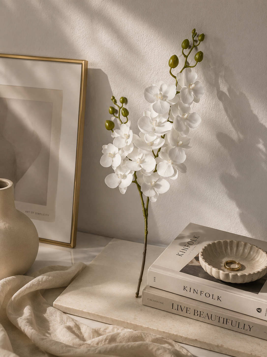 Faux White Phalaenopsis Orchid Stem OCT-01 - 25 inch artificial white orchid stem styled in home decor setting