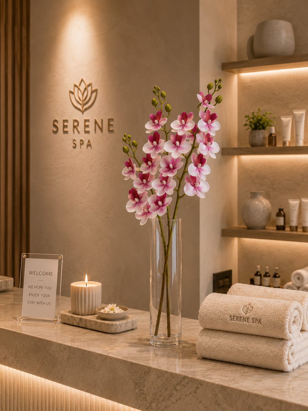 Faux Pink Phalaenopsis Orchid Stem OCT-02 - styled in glass vase at spa reception desk