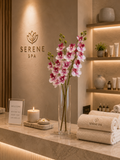 Faux Pink Phalaenopsis Orchid Stem OCT-02 - styled in glass vase at spa reception desk