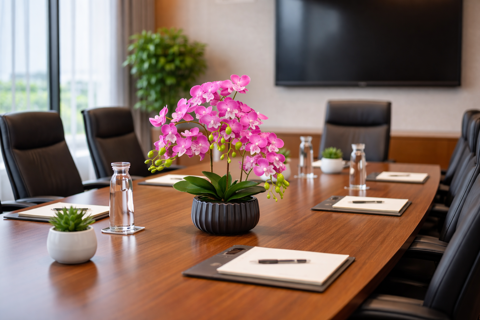 Faux magenta phalaenopsis orchid arrangement in black ribbed pot on conference room table - FT254E