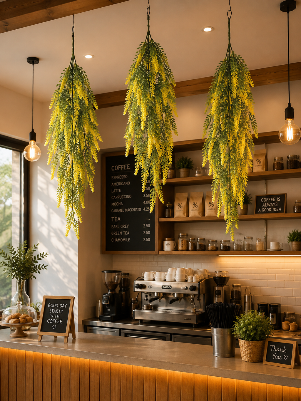 Faux Yellow Green Trailing Greenery Bunch FT08-D - lifestyle ceiling installation coffee shop