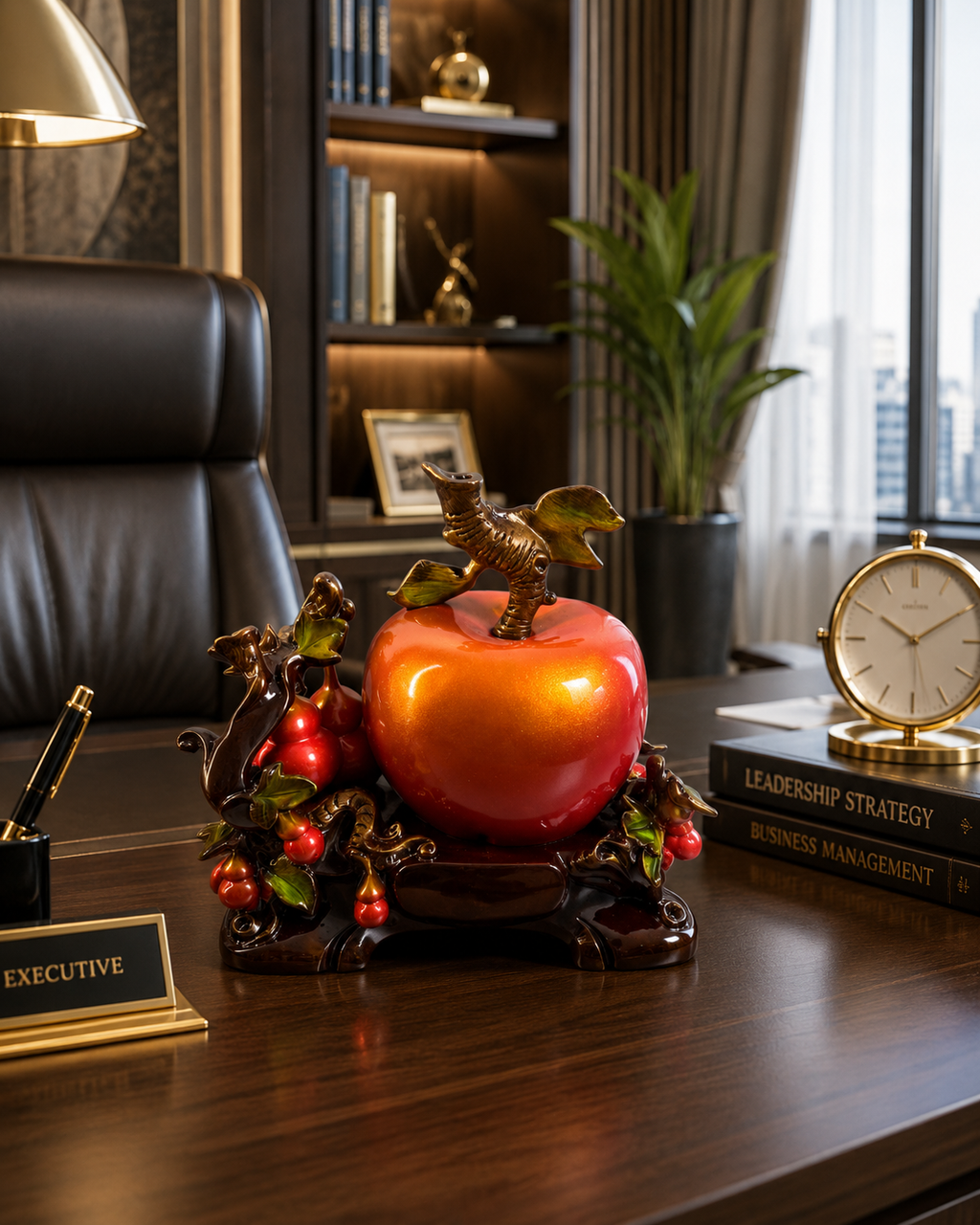 Peach of Immortality Statue 7279 styled on executive office desk in luxury interior setting
