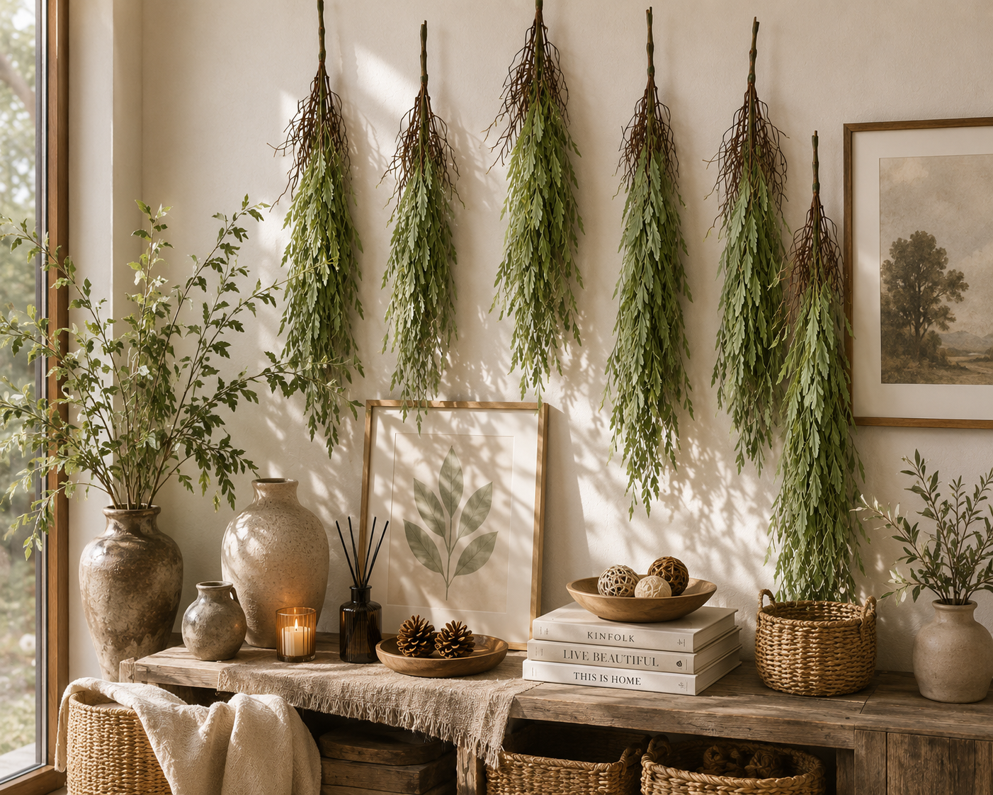 FT-05 lifestyle - hanging fern wall installation boho interior