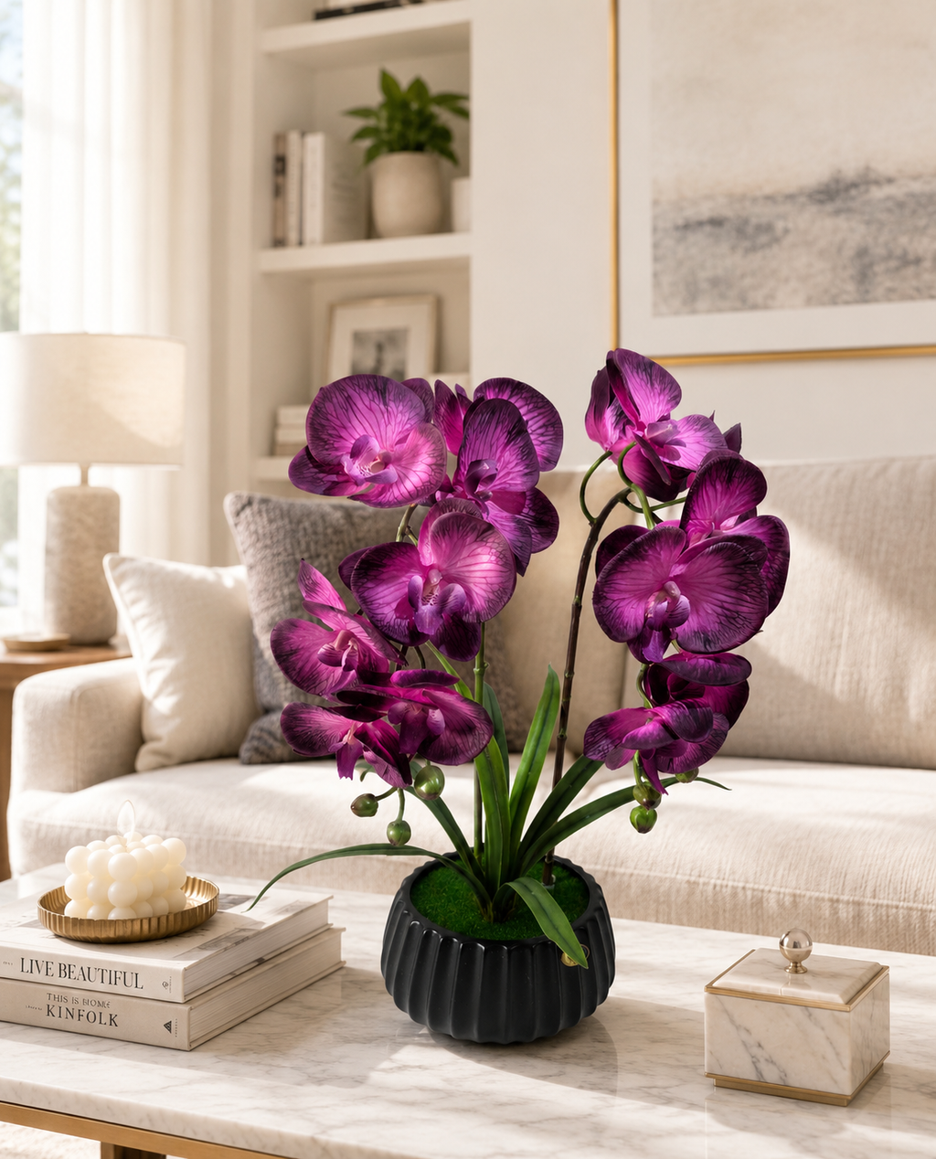 FT-253-E faux magenta orchid arrangement displayed on living room coffee table