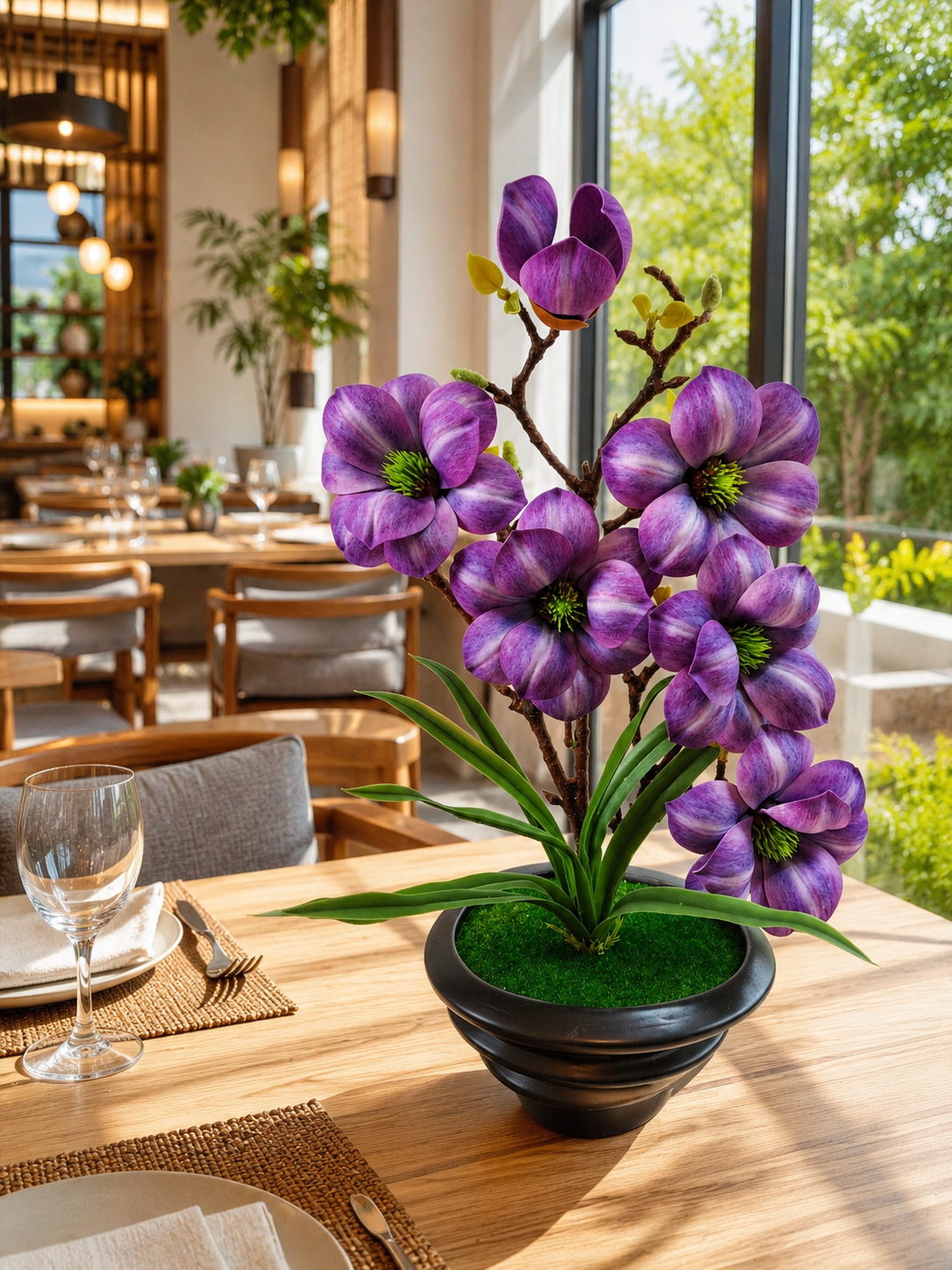 FT-257-D faux purple magnolia arrangement displayed on restaurant dining table