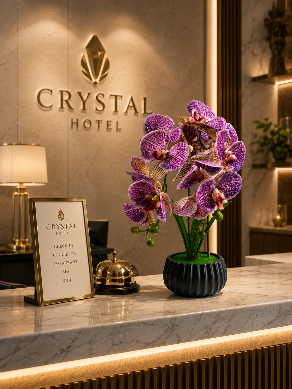 FT-253-B faux purple orchid arrangement displayed at hotel lobby reception