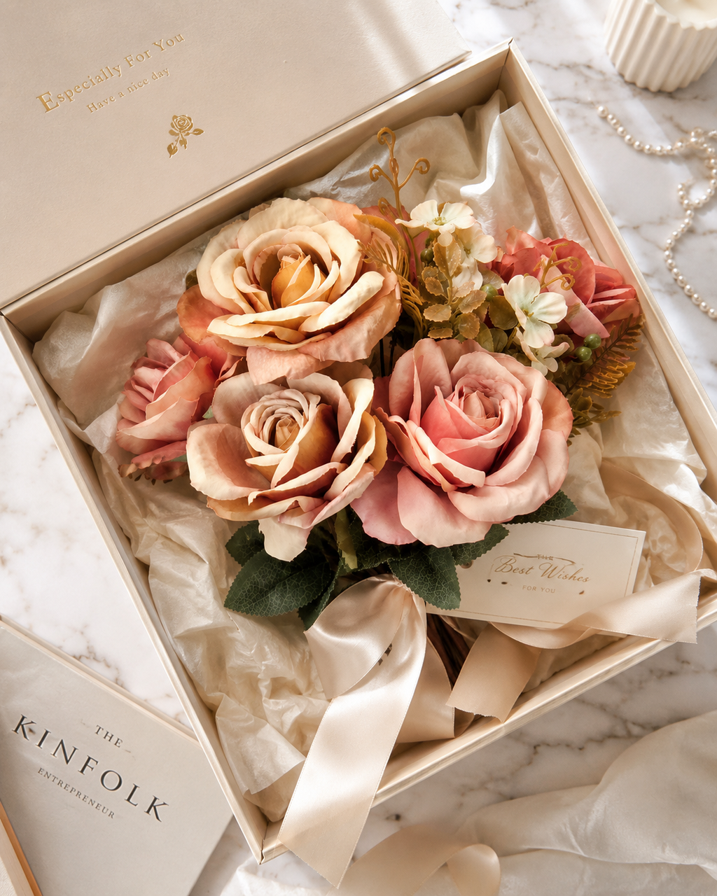 AI lifestyle render of faux champagne and dusty rose bouquet styled in elegant home decor setting