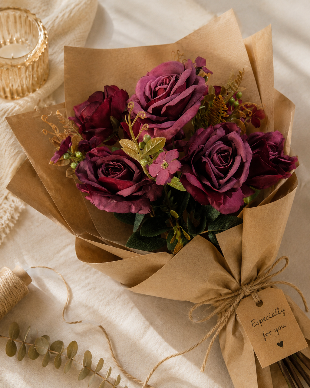 Faux burgundy and plum rose bouquet ROB-02 - full arrangement top view with golden tendrils