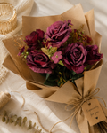 Faux burgundy and plum rose bouquet ROB-02 - full arrangement top view with golden tendrils