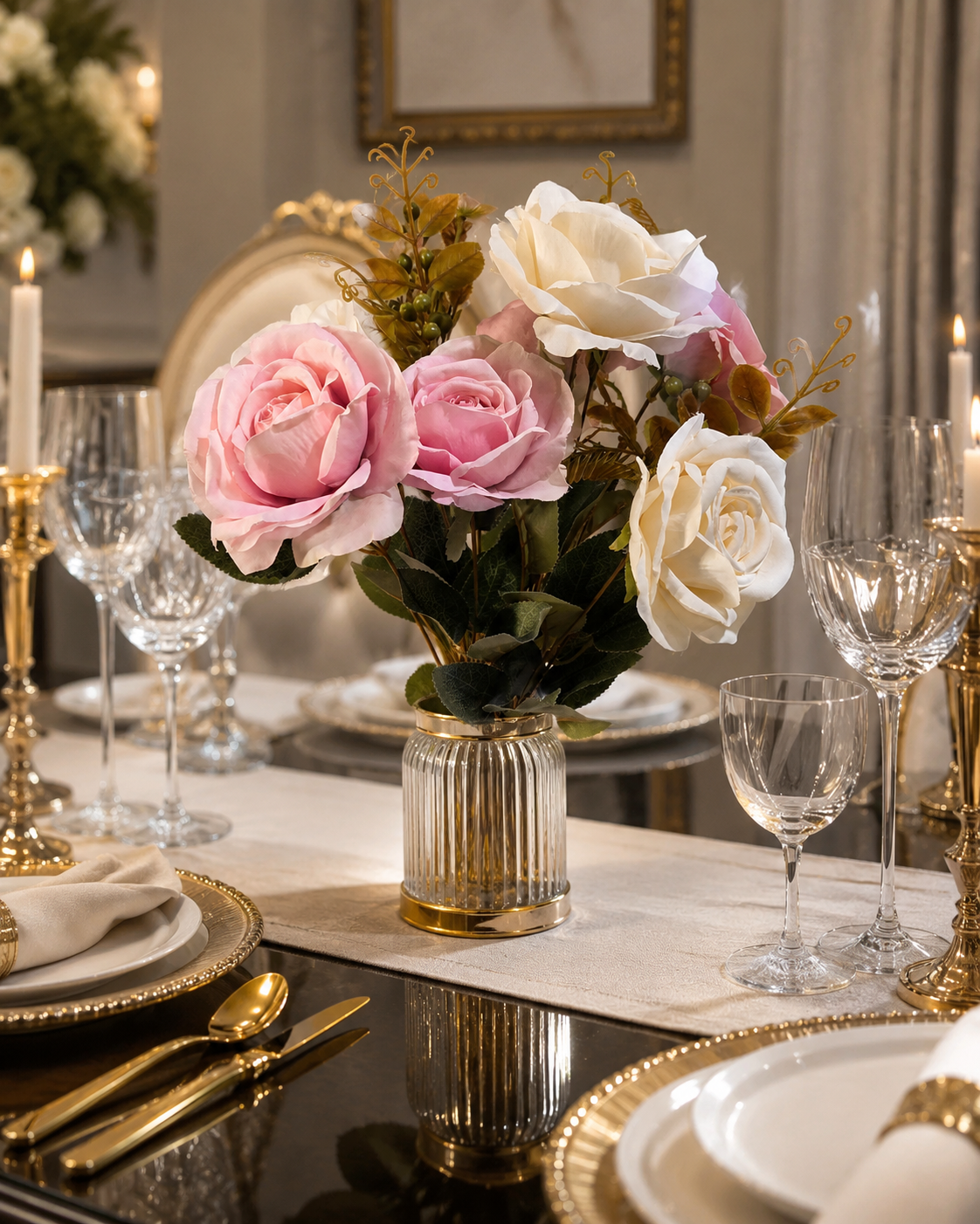 AI lifestyle render of faux white and dusty pink rose bouquet in gold-rimmed glass vase on formal dining table