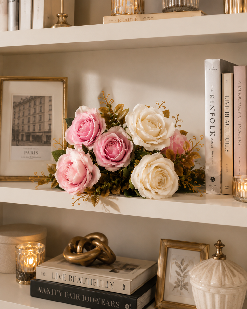 AI lifestyle render of faux white and pink rose bouquet arranged on styled home bookshelf with gold accents