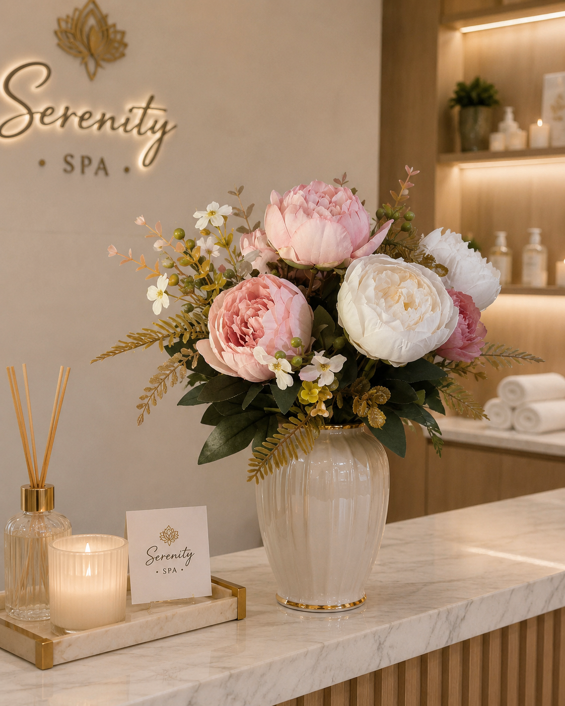 Faux Peony Rose Bouquet ROS-01 lifestyle - elegant pink and white peony arrangement in cream vase on spa reception desk