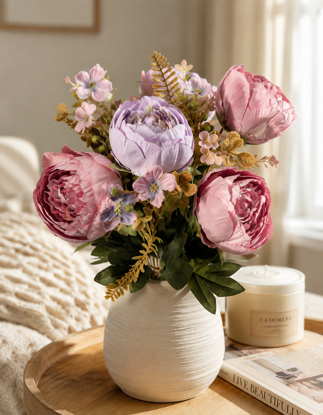 Faux Peony Rose Bouquet ROS-04 lifestyle - lavender and mauve peony bouquet in white textured vase on living room coffee table
