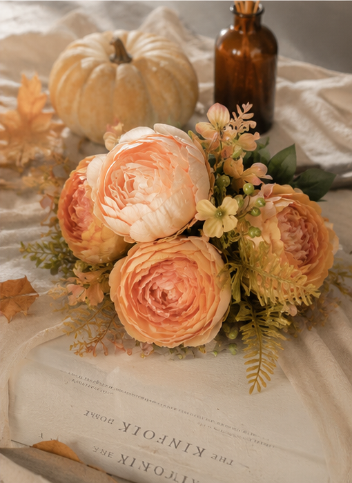 Faux Peony Rose Bouquet ROS-03 close-up - layered peach and champagne peony petals with golden fern accents
