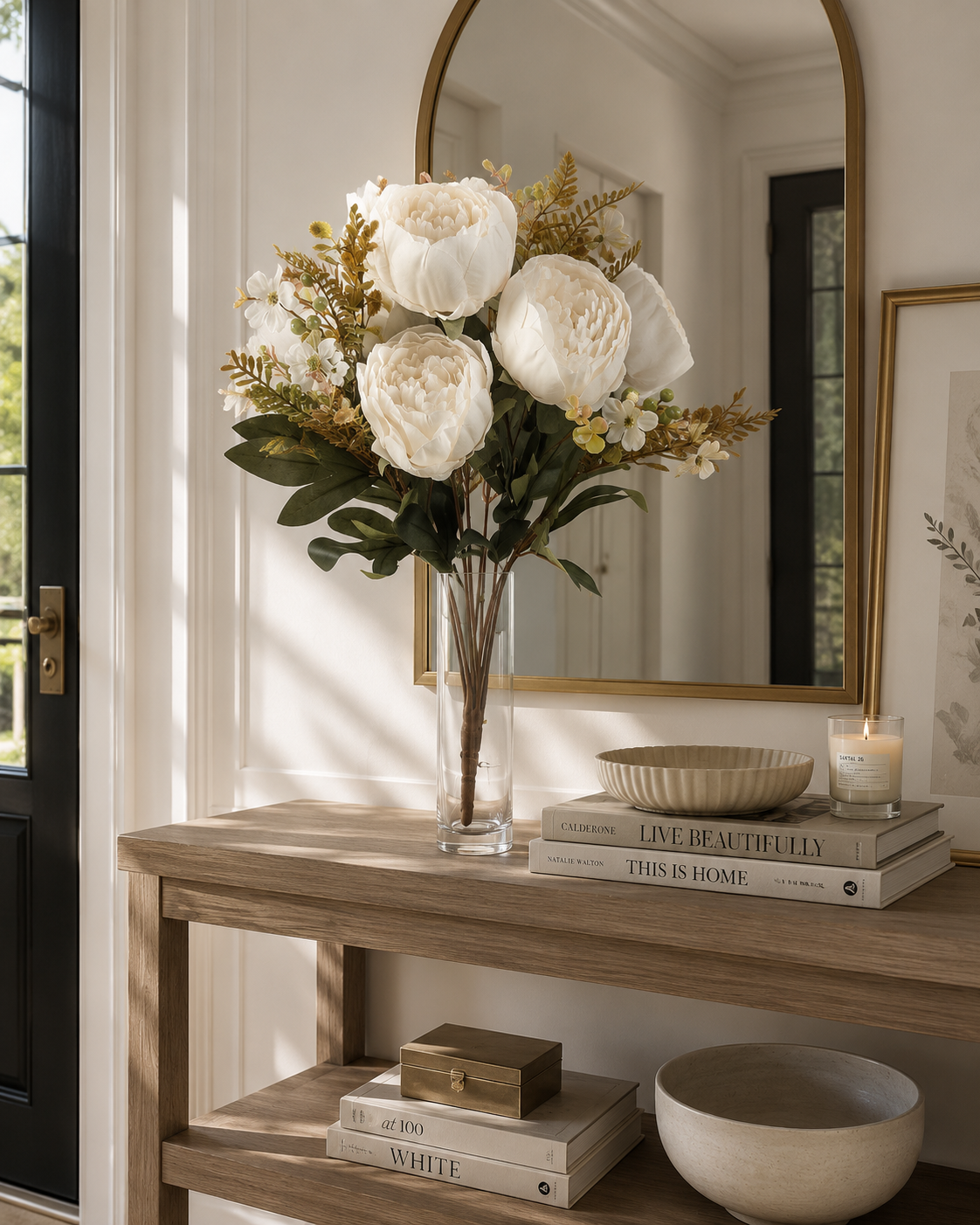 Faux Peony Rose Bouquet ROS-05 lifestyle - white peony bouquet in tall glass vase on entryway console table with gold mirror