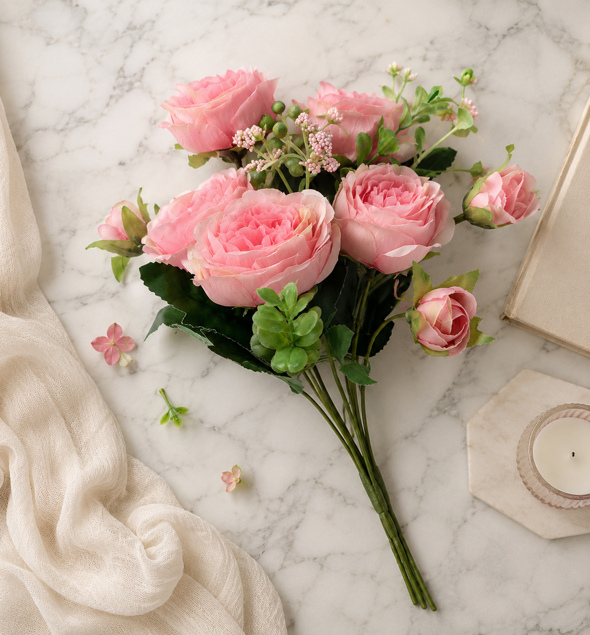 Faux Peony Rose Bouquet ROV-01 lifestyle - blush pink peony bouquet in white ceramic vase on marble side table