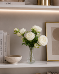 Faux Peony Rose Bouquet ROV-02 lifestyle - white peony bouquet in white ceramic vase on marble side table
