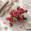 Faux Peony Rose Bouquet ROV-03 lifestyle - deep mauve peony bouquet in white ceramic vase on marble side table