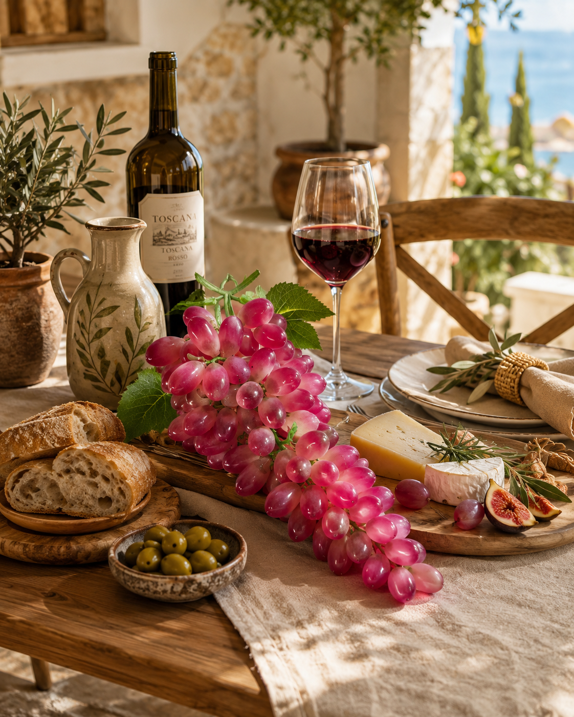 Faux Red Grape Cluster GRT-01 lifestyle render - lifelike red grape bunch in woven basket centerpiece on rustic farmhouse dining table