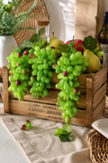 Faux Green Grape Cluster GRT-02 lifestyle - multiple artificial green grape clusters overflowing from rustic wooden crate with faux pears and apples