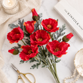 Faux red poppy bouquet PPY-01 styled on marble tray with candle, pearls and scissors - lifestyle decor