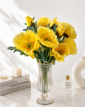 Faux yellow poppy bouquet PPY-03 styled in crystal vase with Kinfolk books and Byredo perfume - lifestyle decor
