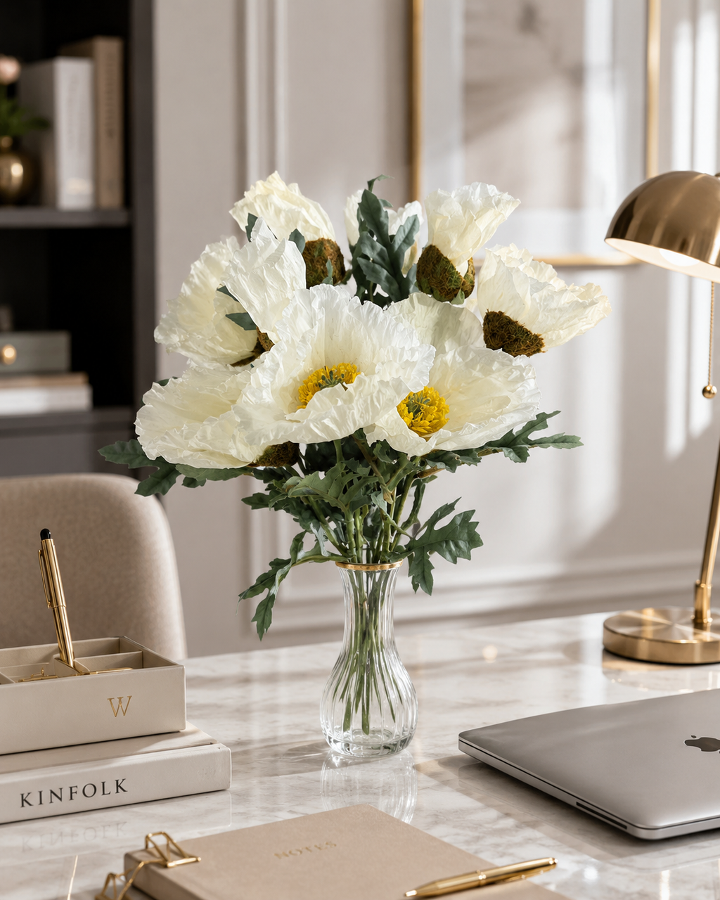 Faux white poppy bouquet PPY-04 styled on marble desk with gold lamp, MacBook and Kinfolk book - lifestyle decor