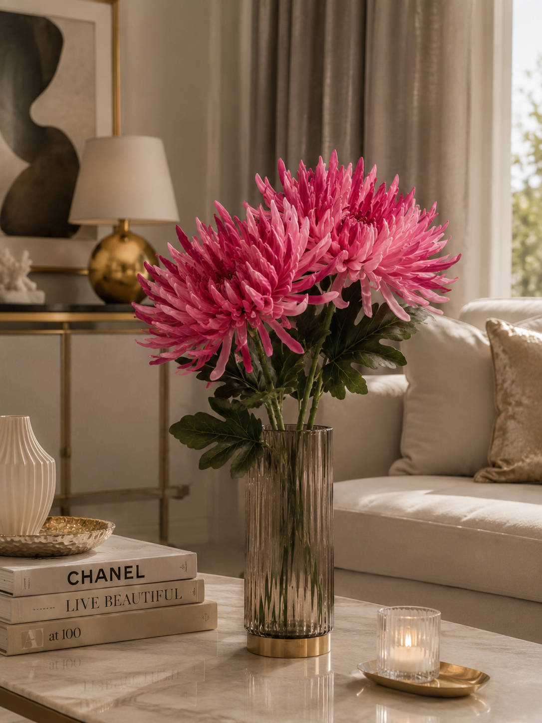 Pink Spider Chrysanthemum Bundle styled in living room vase