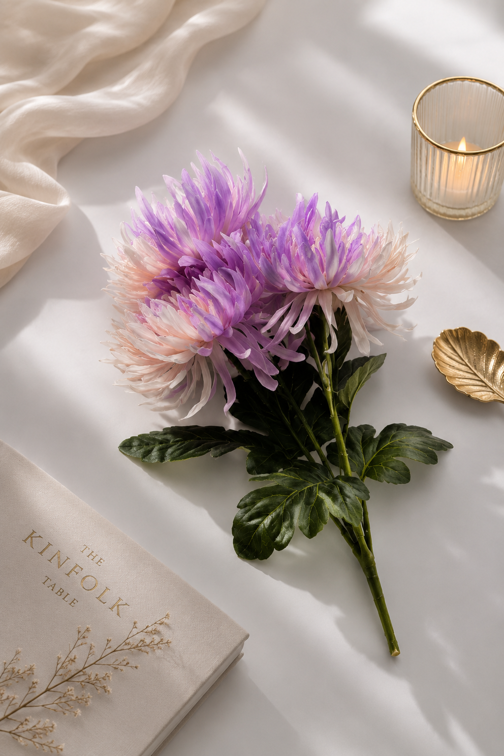 Purple Lavender Spider Chrysanthemum Bundle styled on white linen