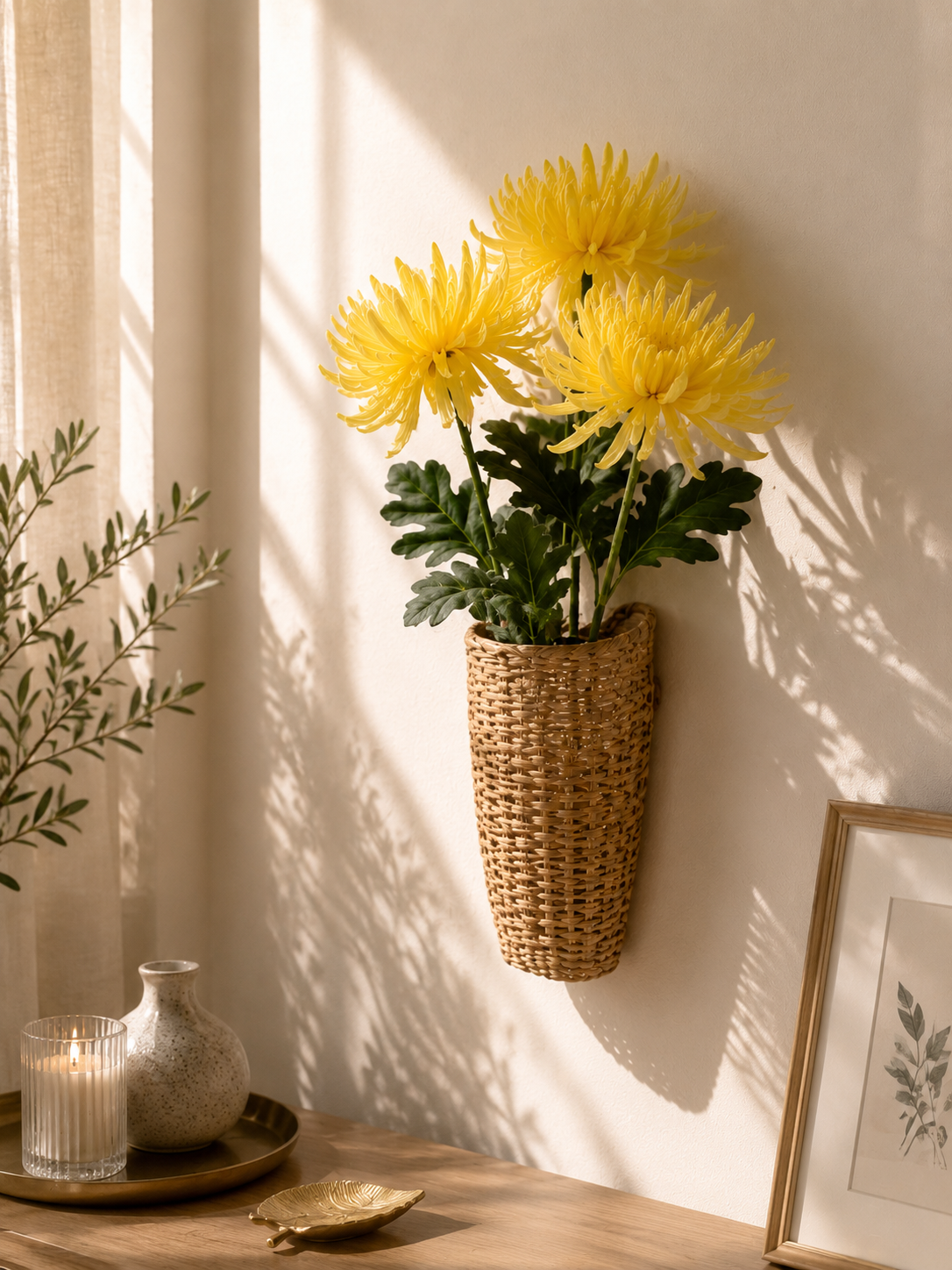 Yellow Spider Chrysanthemum Bundle styled in woven wall vase