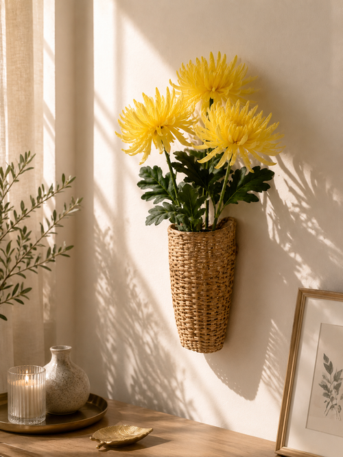 Yellow Spider Chrysanthemum Bundle styled in woven wall vase