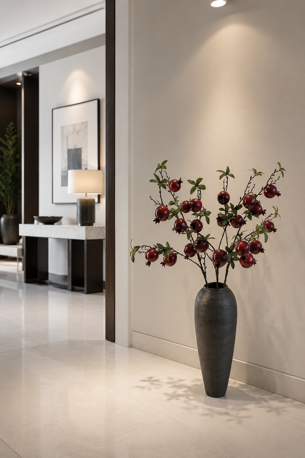 Faux pomegranate branch in tall vase - lifestyle
