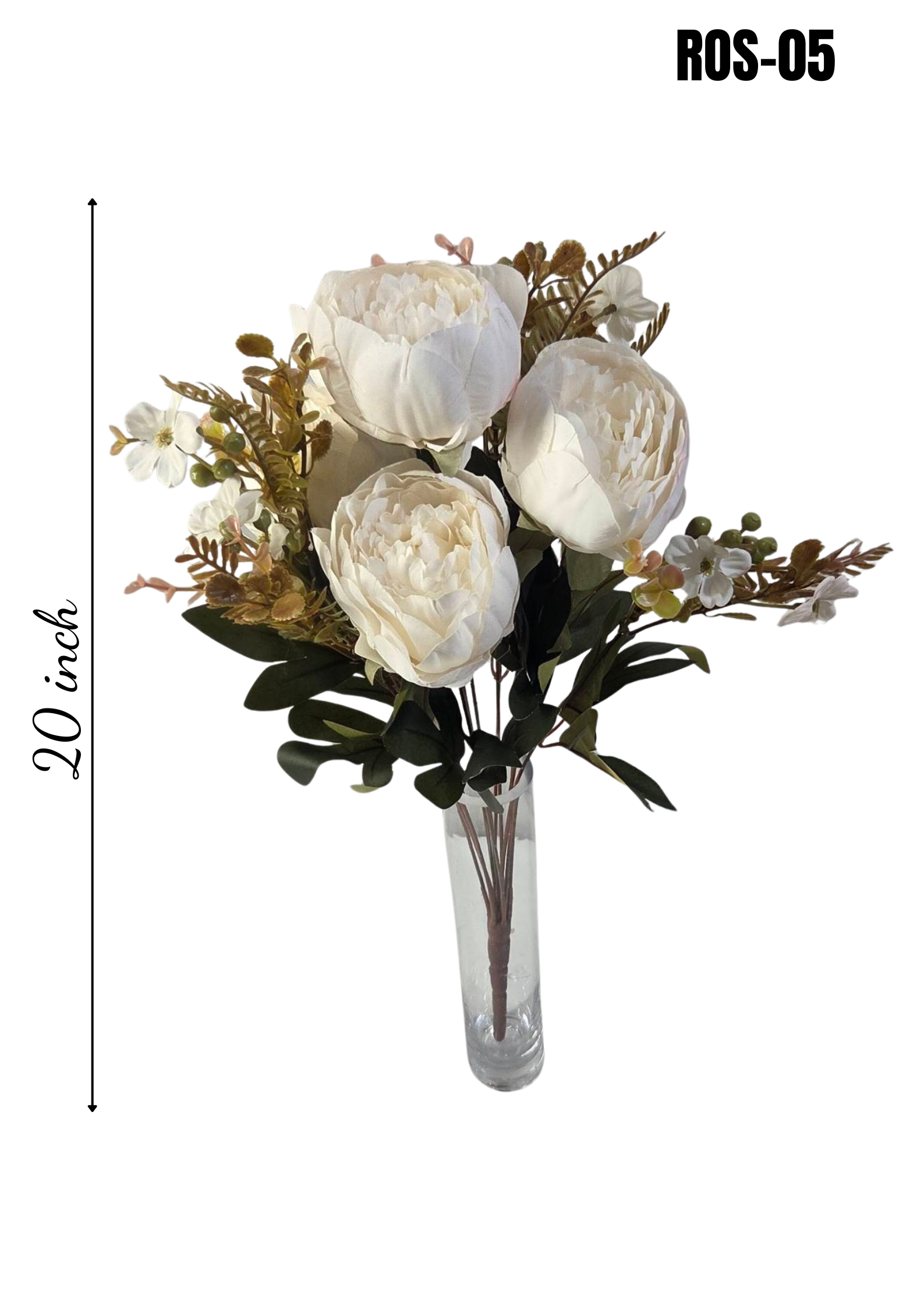 Faux Peony Rose Bouquet ROS-05 in glass vase - white and cream peony arrangement with golden fern, 20 inch height