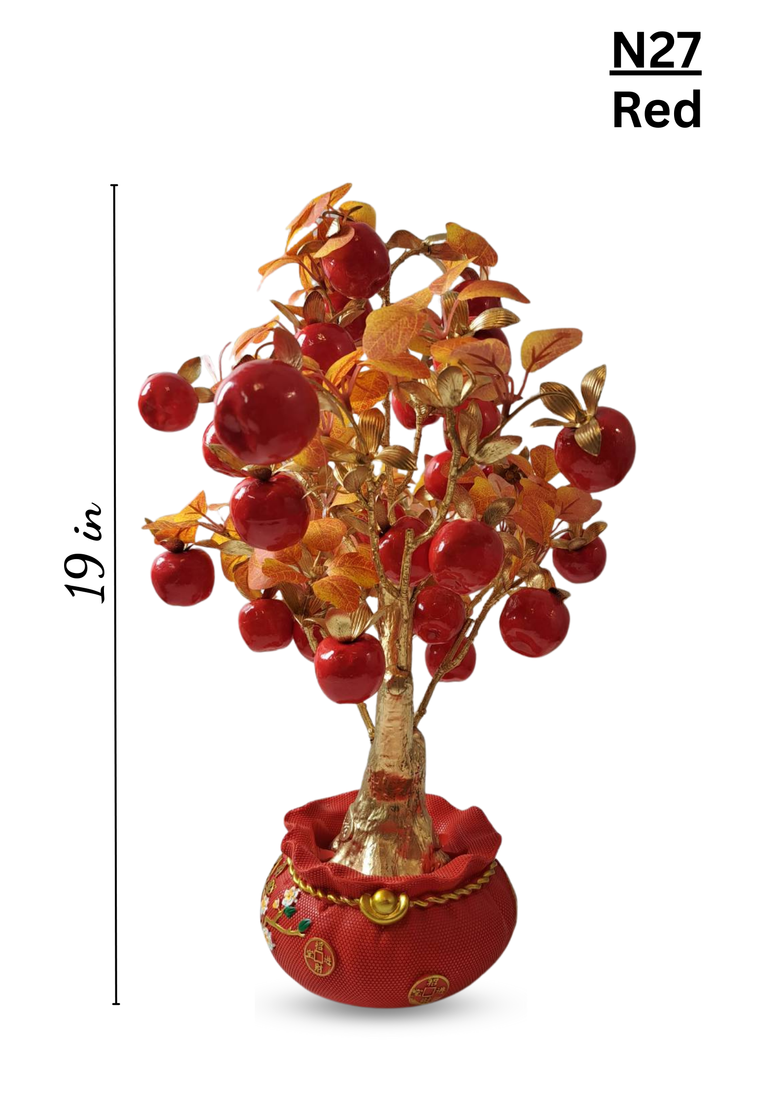 Artificial Red Apple Tree N27 Red – 19 inch tabletop fruit tree with glossy red faux apples and amber leaves in decorative red pot