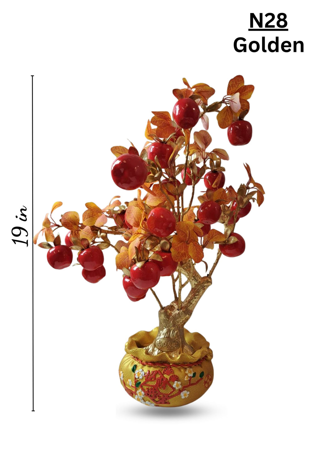 Artificial Red Apple Tree N28 Golden – 19 inch tabletop fruit tree with glossy red faux apples and amber leaves in decorative golden pot